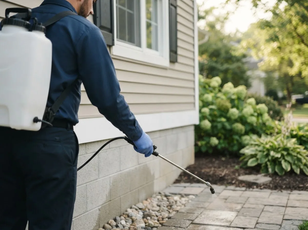 Pest control technician inspecting a home in Stevensville, MI